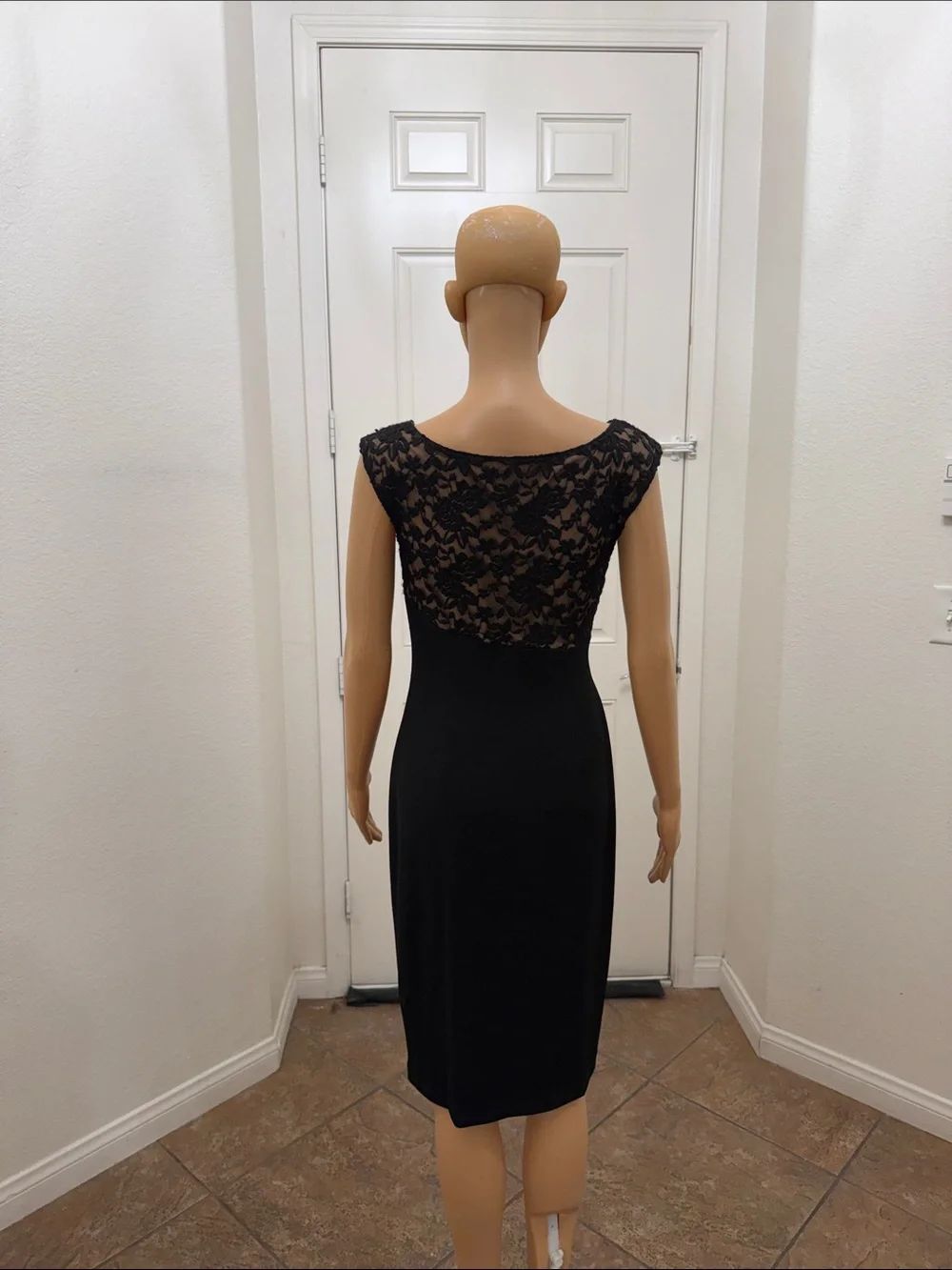 Connected Apparel Black Floral Lace Bodice Slimming Draped Waist Midi Dress Sz 6 - Picture 7 of 9